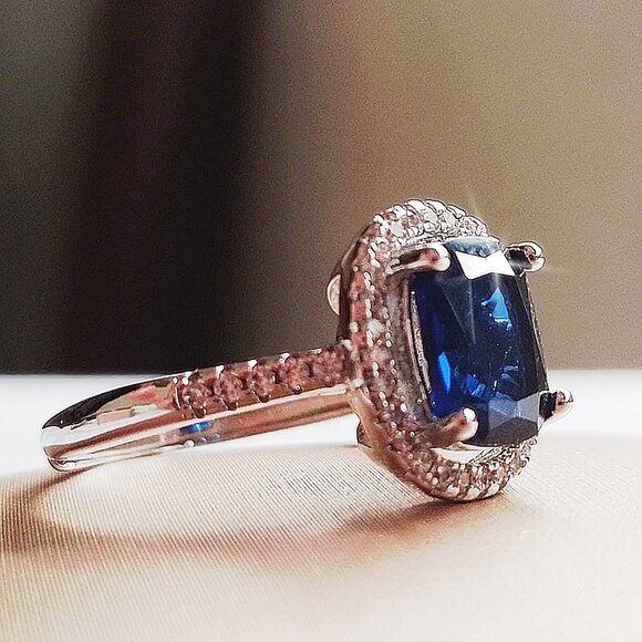 New 14k White Gold Cushion Engagement Simulated Sapphire Adjustable Ring - Picture 5 of 5